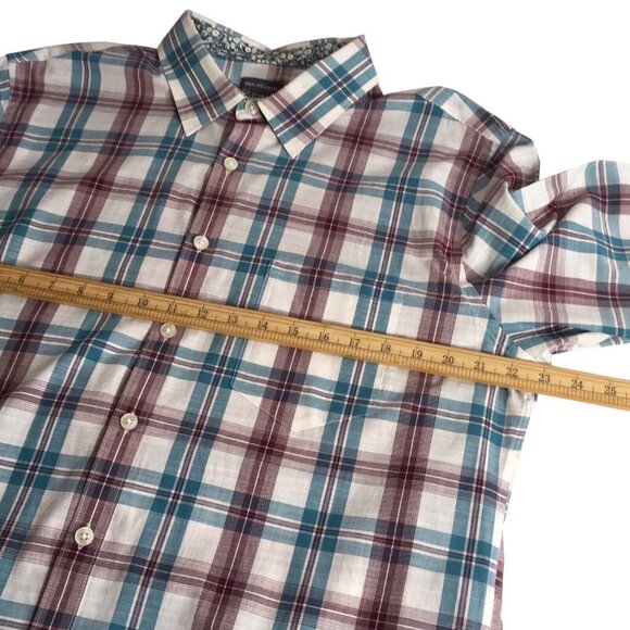 Van Heusen Dress Shirt Men XLT 17-17 1/2 Teal White Plaid Easter Button Down - Picture 8 of 11